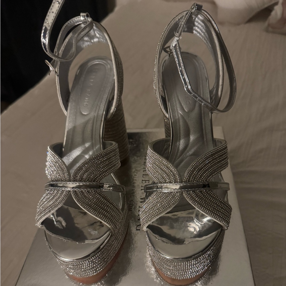 INC International Concepts Silver Wedge Sandals with Criss-Cross Straps